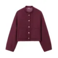 Burgundy cropped women jacket with stand collar, single breasted metal buttons and pockets. - XS / Tops / Burgundy