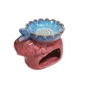 Handcrafted elephant ceramic oil burner with lotus tray and blue ice-crackle glaze finish - Lotus Ice Crack Red