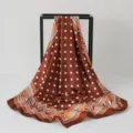 Elegant brown polka dot satin square scarf 90cm with stylish geometric print border - 90x90cm / K114-Coffee