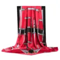 Elegant red square faux silk scarf with a vintage horse bit and chain pattern for women - Black Red / 90x90cm