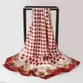 Elegant 90cm satin square scarf featuring red polka dots and an ornamental border - 90x90cm / K121-Red