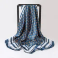 Blue satin square scarf with orange polka dots and white striped border for women - 90x90cm / K133-Peacock Blue