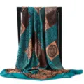 Elegant 90cm faux silk square scarf featuring vintage teal and brown geometric patterns - Teal / 90x90cm