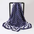 Elegant navy blue satin square scarf with white polka dots and striped border 90cm - 90x90cm / K133-Navy Blue