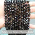 Macro view of diamond-cut natural golden obsidian beads showing distinct golden sheen - Natural Gold Sheen Obsidian Rhombus Beads / 6mm/Approx 55 Pieces