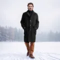 Full-body shot of professional man in charcoal wool coat walking in snowy winter forest - M / Tops / Black