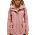 Detailed close-up view of women's pink mid-length hooded parka with warm fleece lining - S / Tops / Pink (Buckle Style)