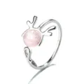 Sweet silver reindeer antler open ring featuring a round pink strawberry quartz bead - Antler Strawberry Crystal Style / White Gold (Pink Bead)