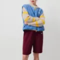 Women stylish sleeveless fleece vest paired with striped fuzzy sweater and shorts outfit - S / Tops / Blue
