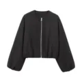 Femme veste courte noire col rond fermeture éclair avec manches lanternes vêtements d'extérieur - S / Hauts / Noir