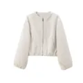 Détails de la veste beige douce zippée, col rond, élégantes manches ballon tendance. - Blanc Cassé