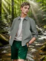 Vista detallada chaqueta casual de hombre con fondo de bosque, estilo primavera ideal. - S / Tops / Verde azulado