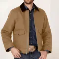 Klassische Herrenjacke aus braunem Baumwoll-Canvas mit schwarzem Kontrastkragen und Reißverschluss - M / Oberteile / Khaki
