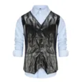 Men fashion PU leather V-neck vest matched with blue striped long sleeve shirt spring - XS / Tops / Black