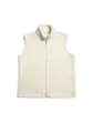 Detailed view of cream sherpa fleece vest with high collar, metal zipper, and smooth utility pockets. - S / Tops / White