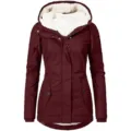 Close-up of a women's wine red hooded mid-length parka with white fleece lining - S / Tops / Burgundy