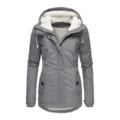 Detailed view of women's grey mid-length winter parka featuring warm white fleece lining - S / Tops / Light Gray
