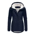 Detailed front view of navy blue hooded winter jacket with soft white fleece lining - S / Tops / Navy Blue