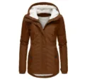 Detail of mid-length women's brown hooded winter jacket with white fleece lining - 4XL / Tops / Brown