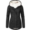 Detail of women's black hooded parka showing the soft white fleece lining - S / Tops / Black