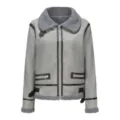 Grey shearling suede jacket detail, winter warm outerwear, stylish lapel zipper design. - S / Tops / Gray