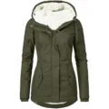 Premium women's olive green mid-length hooded parka jacket with warm white fleece lining - S / Tops / Green