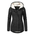Women's black mid-length winter jacket with white fleece-lined hood for cold weather - S / Tops / Black (Buckle Style)
