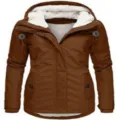 Women's warm brown hooded winter parka with soft white fleece lining - S / Tops / Brown (Buckle Style)