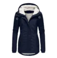 Navy blue mid-length women's winter parka jacket featuring warm white sherpa fleece lining - S / Tops / Navy (Buckle Style)