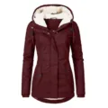 Women's mid-length burgundy winter parka coat featuring a warm white fleece-lined hood - S / Tops / Burgundy
