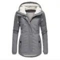 Women's mid-length winter jacket in dark gray with white fleece-lined hood - S / Tops / Dark Gray