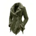 Close-up of green vintage faux suede coat with fur trim and lapel collar. - S / Tops / Green