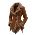 Macro view of vintage brown suede jacket featuring faux fur collar and fringe hem detail. - S / Tops / Brown