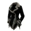 Detailed view of a vintage black faux suede jacket with elegant faux fur collar and fringes - S / Tops / Black