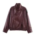 Vintage burgundy faux leather motorcycle jacket for women with stand collar and chic front design. - XS / Burgundy