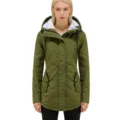 Olive green women's medium-length winter parka with fleece-lined hood - S / Tops / Green