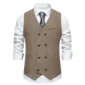 Men's herringbone double-breasted suit vest detail, classic business casual waistcoat. - Coffee