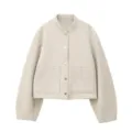 Women casual stand collar single-breasted pocket jacket detail view showing fine fabric and buttons - XS / Tops / Apricot