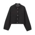 Detailed view of the black jacket featuring a stand collar, metal buttons, and patch pockets. - XS / Tops / Black