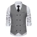 Men's Herringbone Double-Breasted Suit Vest Business Casual Waistcoat with White Shirt - S / Top (MJ07) / Black and White