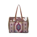Vintage Bohemian canvas tote bag featuring cow print and ethnic geometric patterns - Tote Bag With Wallet Set / Brown