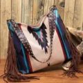 Vintage bohemian hand-woven cotton linen large shoulder bag with stylish brown side fringes. - Fringe Large Bag (PG-539) / Blue