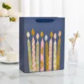 Navy blue birthday gift bag with gold glitter candle design and silk ribbon handles - 12 Pieces/Pack Small Size / Blue Candle