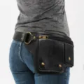 Riñonera retro de cuero negro estilo motero en la cadera para deporte al aire libre - Estilo Liso / Negro