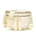 Primer plano de un elegante bolso bandolera de tela Oxford con patrón de cuadros. - Estilo en Forma de Concha (MG6003-1) / Cuadros beige