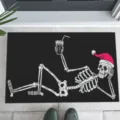 Festive skeleton doormat with Santa hat design on black absorbent non-slip mat - Skeleton with Xmas Hat and Drink (CHDT-2024-01281) / 40*60cm