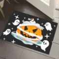 Decorative Halloween doormat with mummy jack-o'-lantern and cute ghosts on black - Mummy Pumpkin Ghost Style (CHDT-2024-01336) / 40x60cm