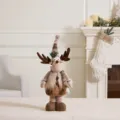 Standing brown plush Christmas reindeer doll ornament with tall striped hat and scarf. - Fixed Leg Reindeer