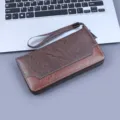 Vintage brown textured leather men's long clutch bag with zipper and wrist strap - Patchwork Clutch (872) / Coffee