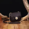 Primer plano de la textura de cocodrilo marrón y herrajes dorados de un bolso vintage. - Bolso Cuadrado Patrón Cocodrilo (PG872) / Café